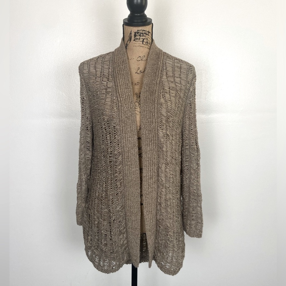Chico's Crochet Open Knit Cardigan Size 2 US L Tan Beach Open Front Long Sleeves